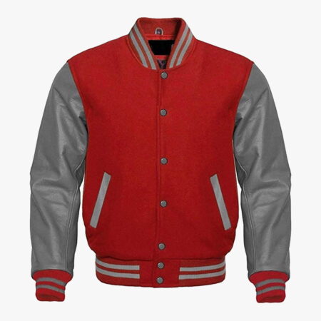 Leather sleeve Varsity jackets in Red and Gray colour