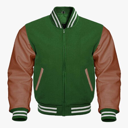 Leather sleeve Varsity jackets in Green and Brown colour