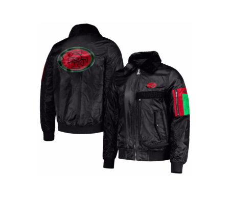 Sports Track Jackets 38 Black Satin Varsity Jacket With Green And Red Patches