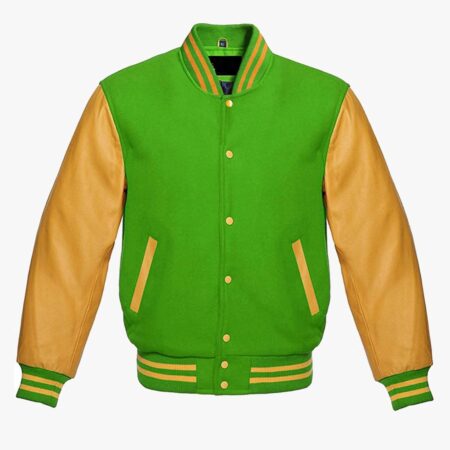 Sports Track Jackets 25 Leather sleeve Varsity jackets in Light Green and Yellow colour