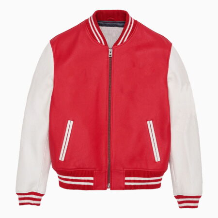 Sports Track Jackets 471 LEATHER VARSITY JACKET RED JACKET AND WHITE SLEEVES