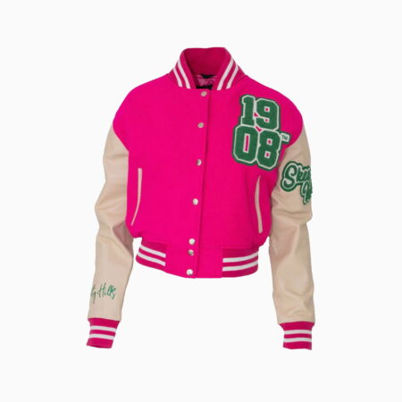 Sports Track Jackets 516 Pink Crop Leather Varsity Jacket