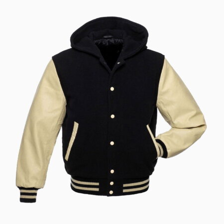 Sports Track Jackets 540 Black Wool Varsity Hooded Letterman Jackets Cream Real Leather Sleeves