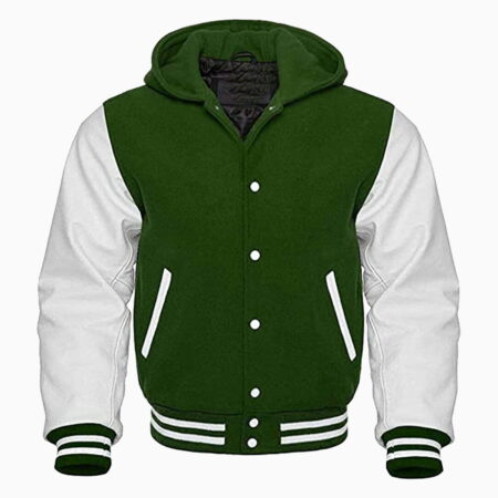 Sports Track Jackets 560 Hooded Varsity Letterman Baseball Bomber Jacket, Melton Wool Body, Cowhide Leather Sleeves