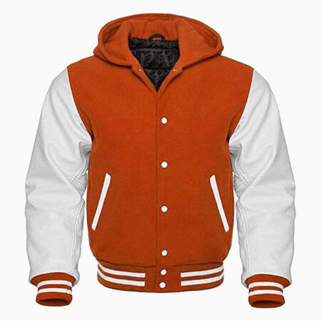 Sports Track Jackets 557 Hooded Varsity Letterman Baseball Bomber Jacket, Melton Wool Body, Cowhide Leather Sleeves