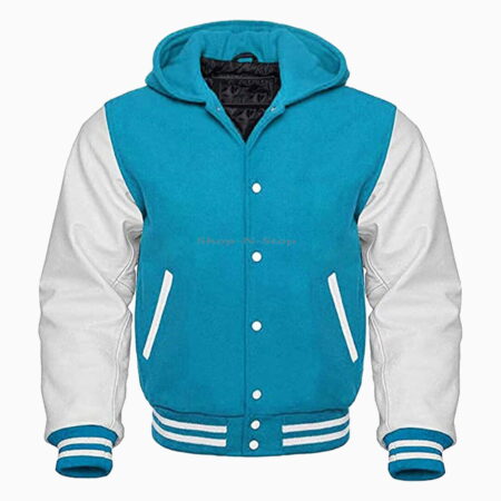 Sports Track Jackets 563 Hooded Varsity Letterman Baseball Bomber Jacket, Melton Wool Body, Cowhide Leather Sleeves