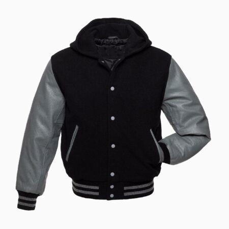 Sports Track Jackets 534 Black & Grey Varsity Letterman College Hoodie Jackets Wool Real Pure Leather