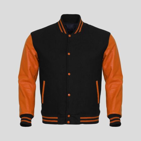 Sports Track Jackets 4 Customized Leather sleeve Varsity jackets in Black and orange colour